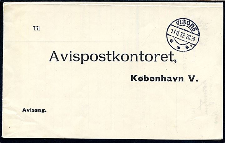 Ufrankeret Avissag med forespørgsel fra Kjøbenhavn d. 10.11.1932 til Viborg Postkontor - returneret med svar. 
