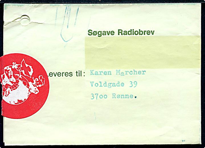 Søgave Radiobrev formular med meddelelse fra Sdr. Strømfjord på Grønland d. 9.5.(ca. 1970) til Rønne på Bornholm.