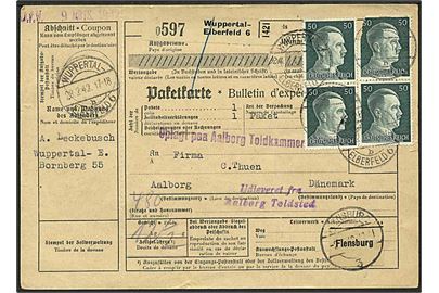 30 pfg. og 50 pfg. (9) Hitler på for- og bagside af internationalt adressekort for pakke fra Wuppertal d. 28.2.1942 til Aalborg, Danmark. 1 mærke beskadiget.