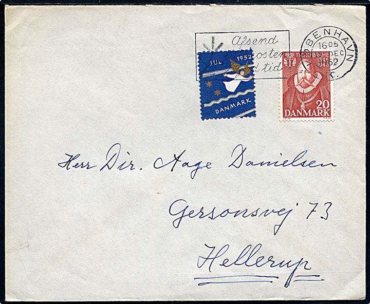 20 øre Tycho Brahe og Julemærke 1952 på brev fra København d. 15.12.1952 til Hellerup.