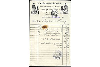 Regning fra S. M. Kromanns Fabriker i Sønderho på Fanø med poststempel Sønderho d. 20.11.1935 til Vaag, Færøerne. Ank.stemplet med klipfiskstempel i Vaag d. 5.12.1935. Uvist hvorfor der er poststempler på regningen. Rust hul.