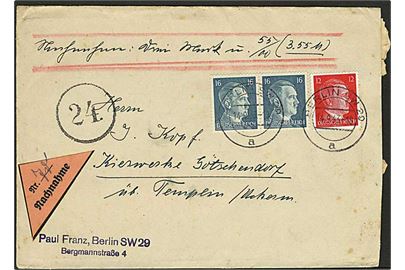 12 pfg. og 16 pfg. (par) Hitler på brev med opkrævning fra Berlin d. 14.9.1943 til Kierwerke Götschendorf über Templin.