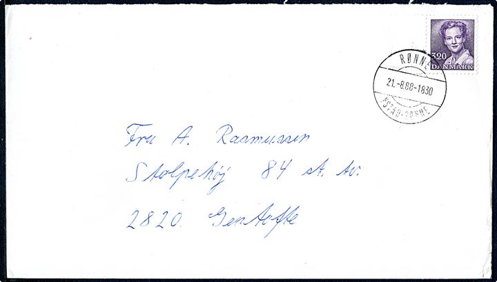 3,20 kr. Margrethe på brev annulleret med skibsstempel Rønne / Ystad - Rønne d. 21.8.1988 til Gentofte.