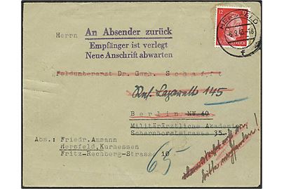 12 pfg. Hitler på brev fra Hersfeld d. 6.9.1943 til Feldunterartz i Berlin - eftersendt til Res. Lazarett 145 og returneret med stempel: An Absender zurück. Empfänger ist verlegt. Neue Anschrift abwarten.