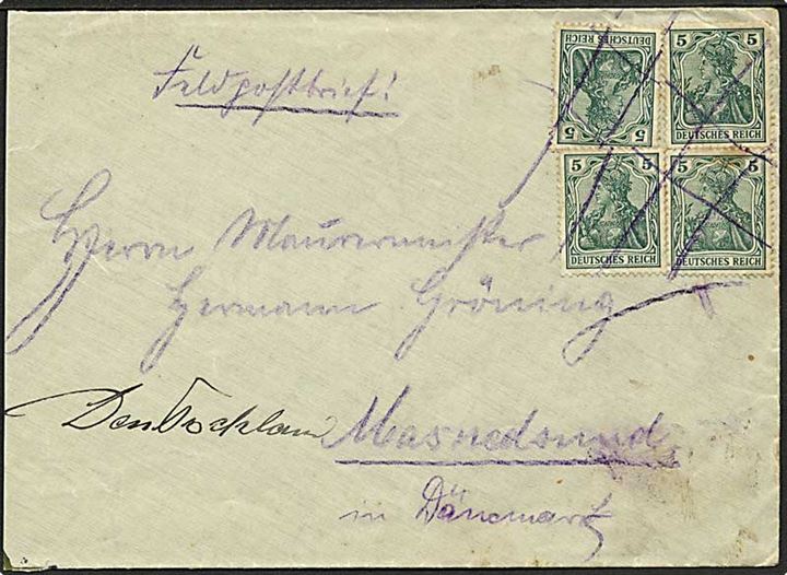 5 pfg. Germania (4) på frankeret feltpostbrev annulleret med streger fra tysk soldat ved Reserve Inf. Reg. 93 til Masnedsund, Danmark. 