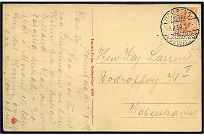 7 øre Chr. X på brevkort fra Horsens annulleret med bureaustempel Horsens - Juelsminde T.7 d. 6.8.1919 til København.