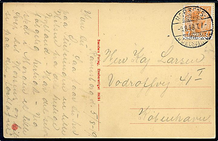 7 øre Chr. X på brevkort fra Horsens annulleret med bureaustempel Horsens - Juelsminde T.7 d. 6.8.1919 til København.