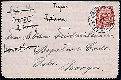20 øre Frimærkejubilæum single på privat korrespondancekort annulleret med bureaustempel Fredericia - Flensborg T.917 d. 18.7.1926 til Oslo, Norge.