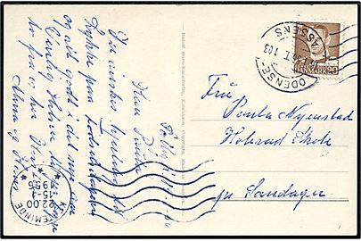 20 øre Fr. IX på brevkort fra Salby annulleret med yderligt placeret maskinstempel i Kerteminde d. 15.1.1956 og bureaustempel Odense - Assens T.103 d. 16.1.1956 til Holevad skole pr. Sandager.