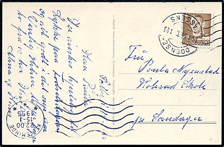 20 øre Fr. IX på brevkort fra Salby annulleret med yderligt placeret maskinstempel i Kerteminde d. 15.1.1956 og bureaustempel Odense - Assens T.103 d. 16.1.1956 til Holevad skole pr. Sandager.