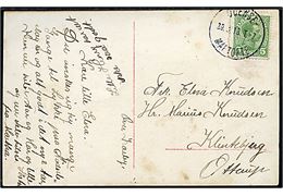 5 øre Chr. X på brevkort fra Over Kærby annulleret med bureaustempel Odense - Martofte T.7 d. 29.?.1918 til Klintebjerg pr. Otterup.