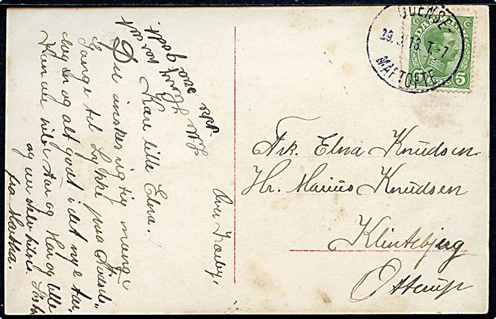 5 øre Chr. X på brevkort fra Over Kærby annulleret med bureaustempel Odense - Martofte T.7 d. 29.?.1918 til Klintebjerg pr. Otterup.