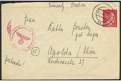 12 pfg. Hitler på brev annulleret med stumt stempel d. 28.2.1945 til Apolda, Tyskland. Briefstempel: Deutsche Dienstpost Niederland.