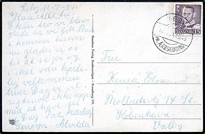 15 øre Fr. IX på brevkort annulleret med pr.-stempel Leby pr. Ærøskøbing d. 17.7.1951 til København.