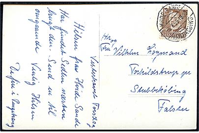 20 øre Fr. IX på brevkort (Hvide Sande med fiskefartøjer) annulleret med pr.-stempel Hvide Sande pr. Ringkøbing d. 6.8.1959 til Stubbekøbing.