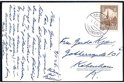 20 øre 1000 års udg. på brevkort (Sommerhuse ved Søndervig) annulleret med pr.-stempel Søndervig pr. Ringkøbing d. 16.8.1956 til København.
