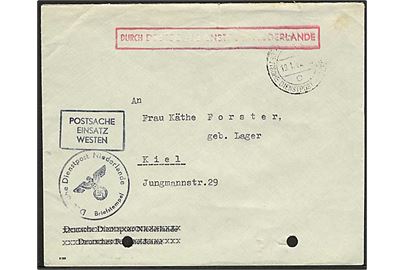 Ufrankeret postsag med rammestempel Postsache Einsatz Westen med svagt stempel Utrecht (?) Deutsche Dienstpost Niederlande d. 19.1.1944 til Kiel, Tyskland. Arkiv huller.