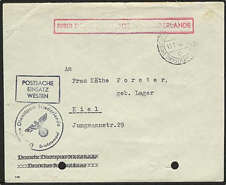 Ufrankeret postsag med rammestempel Postsache Einsatz Westen med svagt stempel Utrecht (?) Deutsche Dienstpost Niederlande d. 19.1.1944 til Kiel, Tyskland. Arkiv huller.