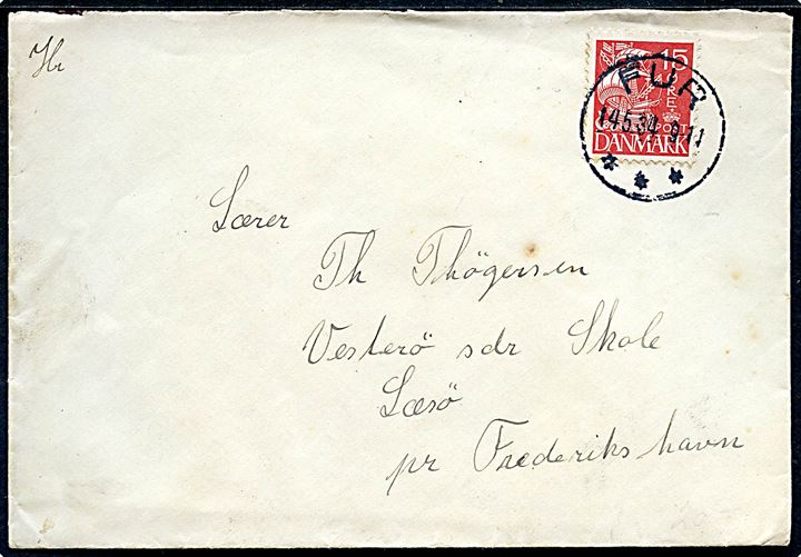 15 øre Karavel på brev annulleret med brotype IIIc Fur d. 14.5.1934 til Vesterø på Læsø.