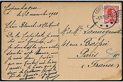 25 øre Chr. X single på brevkort fra København d. 3.11.1923 til Paris, Frankrig.