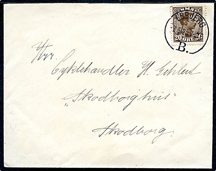 20 øre Chr. X på brev annulleret med brotype IIIb Esbjerg B. d. 7-5-1925 til Skodborg.