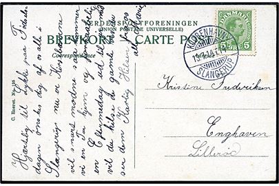 5 øre Chr. X på brevkort fra Slangerup annulleret med bureaustempel Kjøbenhavn - Slangerup T.14 d. 13.7.1914 til Lillerød.