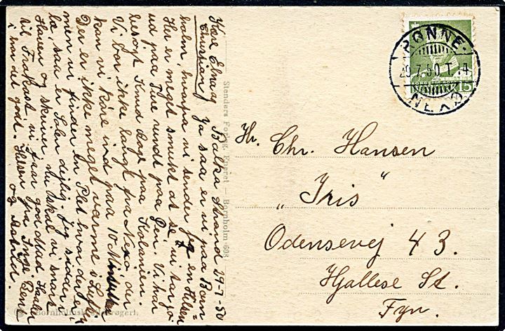 15 øre Fr. IX på brevkort fra Balka Strand annulleret med bureaustempel Rønne - Nexø T.14 d. 29.7.1950 til Hjallese St.