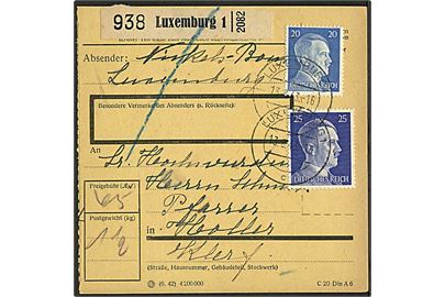 20 pfg. og 25 pfg. Hitler på adressekort for pakke stemplet Luxemburg d. 13.8.1943. 