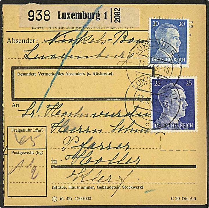 20 pfg. og 25 pfg. Hitler på adressekort for pakke stemplet Luxemburg d. 13.8.1943. 