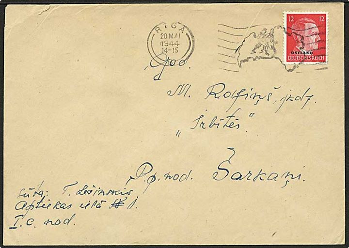 Ostland. 12 pfg. Ostland provisorium på brev annulleret med maskinstempel i Riga d. 20.5.1944.