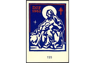 Lotterikort fra Dansk Julemærke Forenings (D.J.F.) julelotteri. Pris 1.50 kr. Overskud anvendes til Tuberkulose Bekæmpelse og D.J.F.´s 20 års jubilæumsfest i 1964.