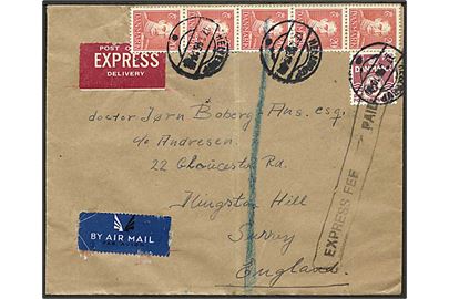5 øre Bølgelinie og 20 øre Chr. X (5) på ekspres luftpostbrev fra Hellerup d. 17.1.1946 til Kingston Hill, England.