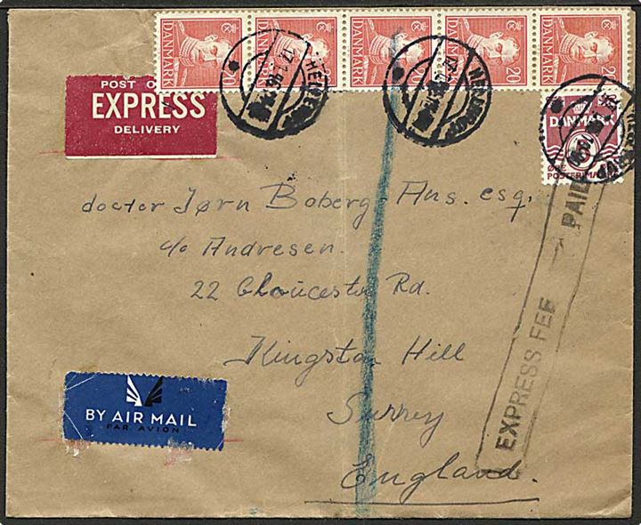 5 øre Bølgelinie og 20 øre Chr. X (5) på ekspres luftpostbrev fra Hellerup d. 17.1.1946 til Kingston Hill, England.