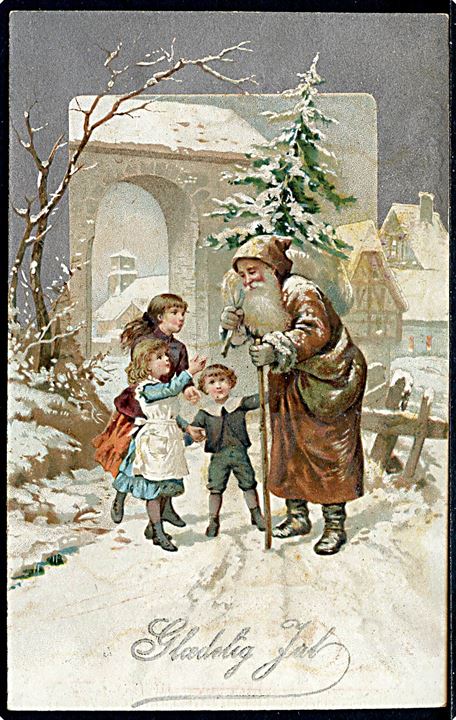 Julekort med julemand i brun kåbe. (7x11cm.).
