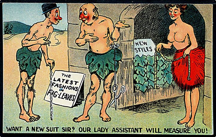 Humør kort, Engelsk. Want a New Suit Sir? Our Lady Assistant will Measure You! No. 703.