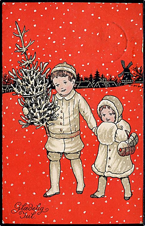 Tegnet julekort (ukendt kunstner). 2 børn med juletræ. A. Vincent serie 10/3.