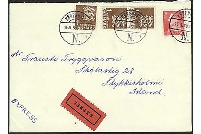 60 øre Fr. IX og 1 kr. Rigsvåben (3) på ekspresbrev fra København d. 16.9.1969 til Stykkisholmi, Island.