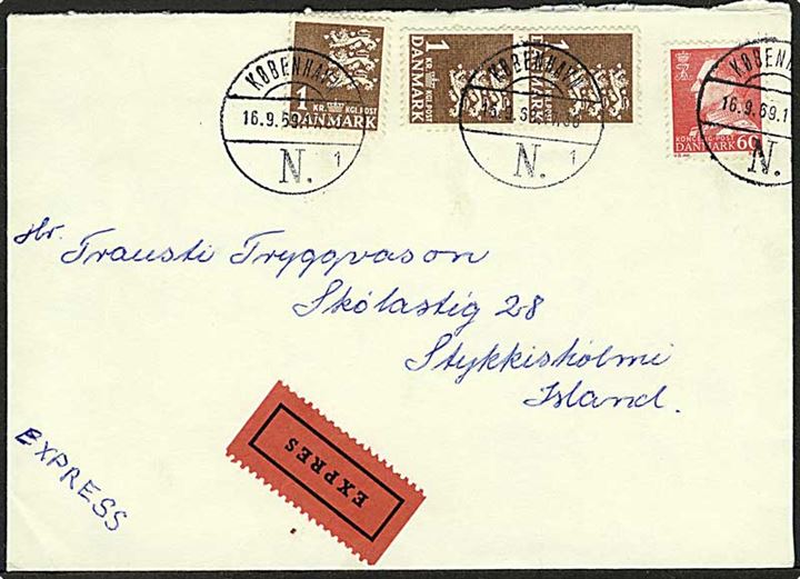 60 øre Fr. IX og 1 kr. Rigsvåben (3) på ekspresbrev fra København d. 16.9.1969 til Stykkisholmi, Island.