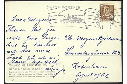 20 øre Fr. IX på brevkort (Færgen M/F Kong Frederik IX) annulleret med håndrullestempel Dansk Søpost Gedser-Grosenbrode d. 1.6.1958 til Gentofte.