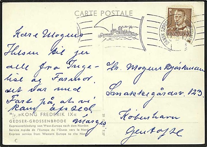 20 øre Fr. IX på brevkort (Færgen M/F Kong Frederik IX) annulleret med håndrullestempel Dansk Søpost Gedser-Grosenbrode d. 1.6.1958 til Gentofte.