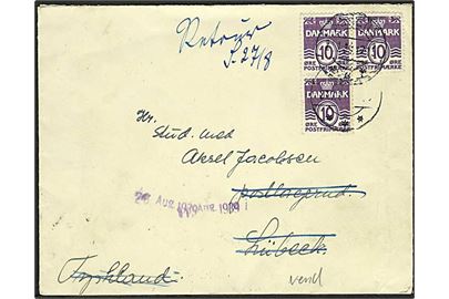10 øre Bølgelinie (3) på brev fra Assens d. 27.7.1939 til poste restante (Postlagend) i Lübeck, Tyskland. Retur som ej afhentet og åbnet af tysk valutakontrol 