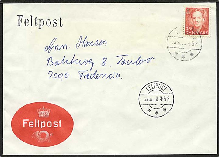3,50 kr. Margrethe på fortrykt feltpostkuvert stemplet Feldpost d. 3.10.1990 til Fredericia.