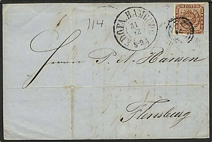 4 sk. 1858 udg. på brev annulleret med nr.stempel 2 og sidestemplet K.D.O.P.A. Hamburg d. 31.12.1860 til Flensburg. 