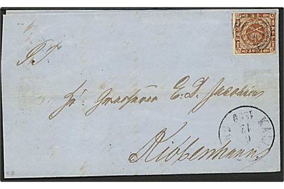 4 sk. 1858 på brev annulleret med nr.stempel 32 og sidestemplet Kallundborg  d. 6.12.1860 til København.