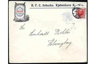 10 øre Fr. VIII på illustreret firmakuvert fra H. F. C. Schacke i Kjøbenhavn d. 9.12.1911 til Helsingborg, Sverige.