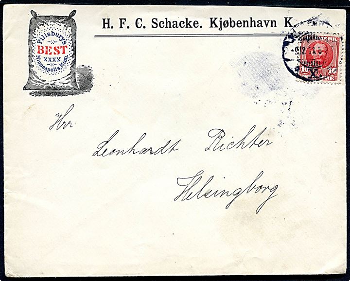 10 øre Fr. VIII på illustreret firmakuvert fra H. F. C. Schacke i Kjøbenhavn d. 9.12.1911 til Helsingborg, Sverige.