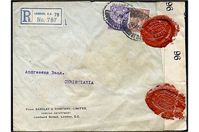 1½d og 3d George V med perfin B&C på anbefalet brev fra Barclay & Company i London d. 10.1.1917 via norsk sejlende bureau Bergen - Newcastle d. 12.1.1917 til Kristiania, Norge. Åbnet af britisk censur med laksegl WAR OFFICE / POSTAL CENSOR og banderole no. 96.