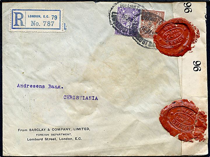 1½d og 3d George V med perfin B&C på anbefalet brev fra Barclay & Company i London d. 10.1.1917 via norsk sejlende bureau Bergen - Newcastle d. 12.1.1917 til Kristiania, Norge. Åbnet af britisk censur med laksegl WAR OFFICE / POSTAL CENSOR og banderole no. 96.