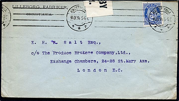 20 øre Posthorn på brev fra Kristiania d. 14.9.1914 til London, England. Åbnet af britisk censur med lille tidlig banderole . Ank.stemplet i London d. 18.9.1914.