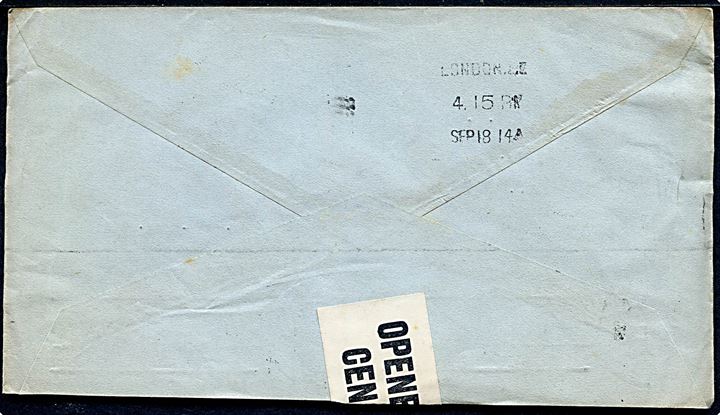 20 øre Posthorn på brev fra Kristiania d. 14.9.1914 til London, England. Åbnet af britisk censur med lille tidlig banderole . Ank.stemplet i London d. 18.9.1914.